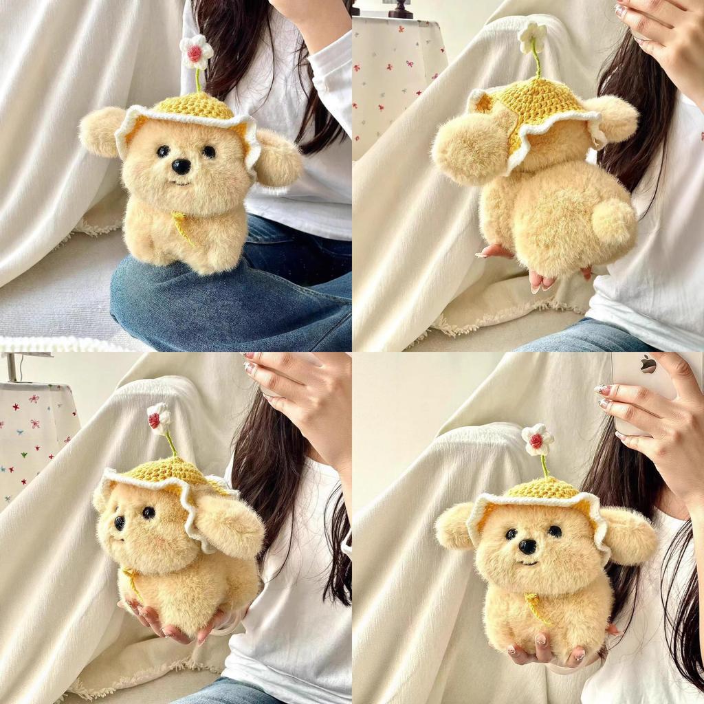 Plush Adorable Dog Toy Stuffed Doll With Summer Hat For Childrens Room Decor
