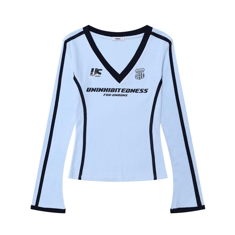 

UNBDNS Autumn V-Neck Color Block Long Sleeve Slim Fit T-Shirt for Women Small светло-синий