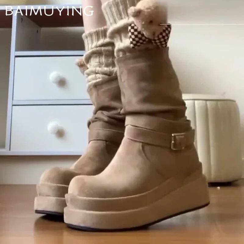 Platform Women Suede Ankle Boots Retro Mid Heels Shoes New Brand 2025 Trend Designer Classic Buckle Gladiator Winter Botas Mujer