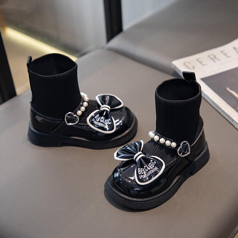 Girls Socks Boots Kids Ankle Boots with Bow-knot Fashion Elegant Glossy UK Uniform Children School Princess Boots Anti-Slippery