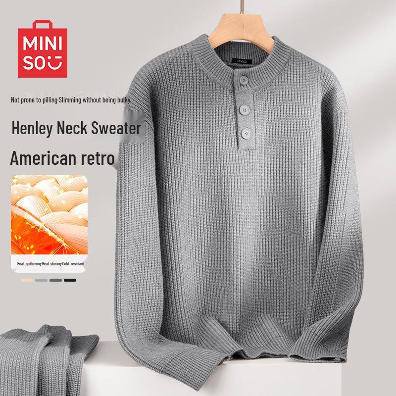 MINISO Men's Henley Collar Pullover Knit Sweater