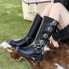 Winter Mid Calf Retro Women's Boots Autumn Round Toe Platform Shoes for Women Heeled Shoes Belt Buckle Block Heel Boots