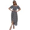 Summer retro sweet wind short-sleeved floral dress irregular off-the-shoulder dress