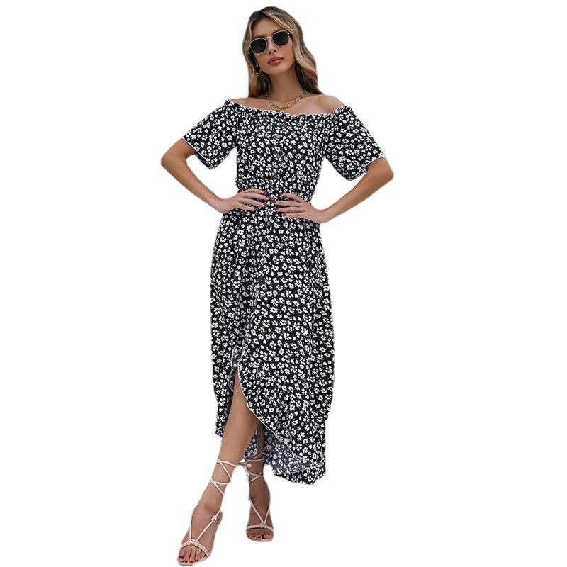 Summer retro sweet wind short-sleeved floral dress irregular off-the-shoulder dress