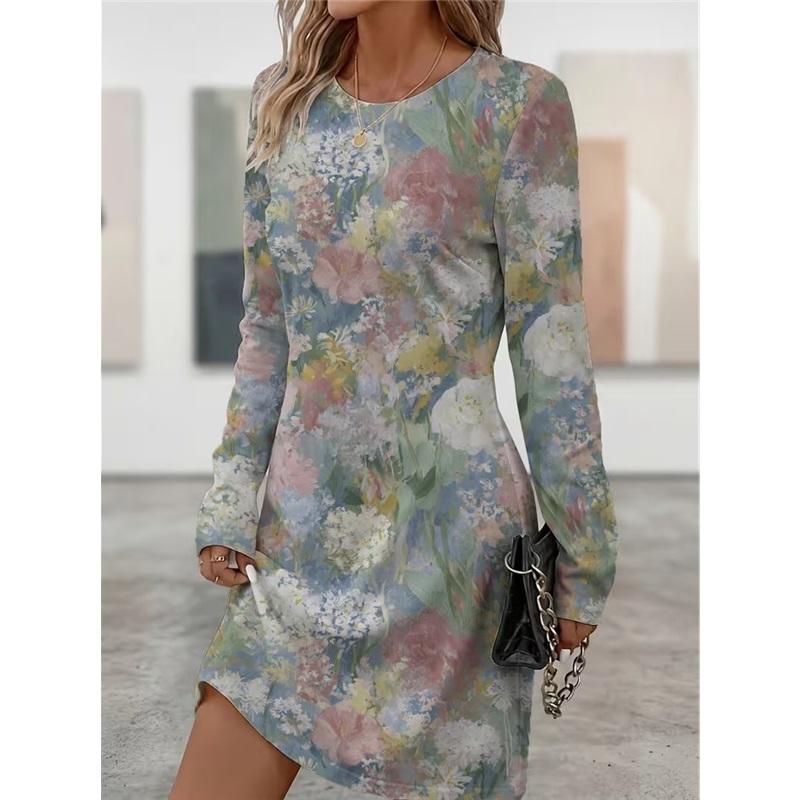 Spring Autumn Women Dress Casual Long Sleeve O-neck 3D Print Loose A-Line Dress Oversized Home Wear Robe
