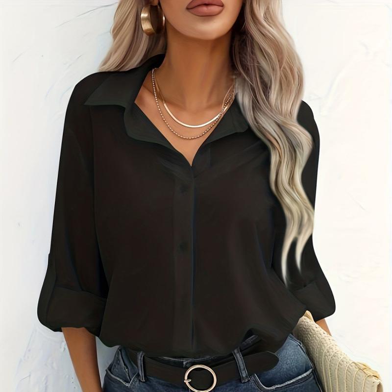 Damen Übergröße Formelles Hemd Einfarbig Langarm Umlegekragen Knopfleiste Arbeitskleidung Hemd