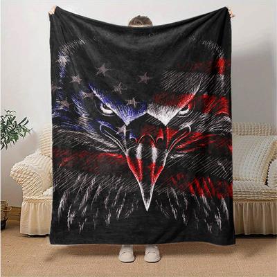 1pc American Eagle Flag Art Flannel Blanket Soft Warm Throw Blanket for Bedroom Living Room Bed Travel Camping Picnic Gift. M07220178