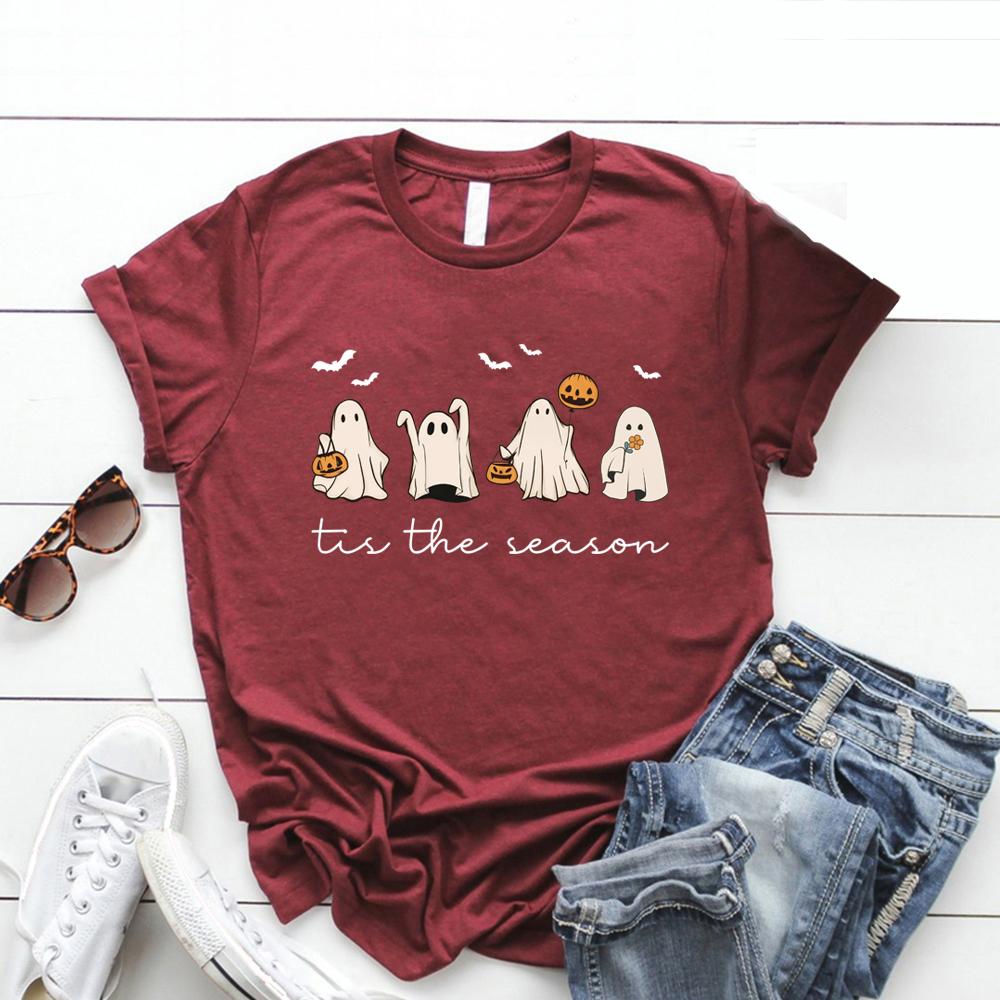 Tis The Season Halloween T Shirt Retro Ghost Tshirt Women's Halloween Tee Short Sleeve Casual T-shirts Pumpkin Season Shirt Top
