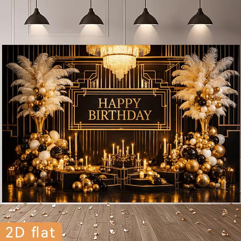2D Glam Black Gold Chandelier & Balloon 2D Flat Backdrop
