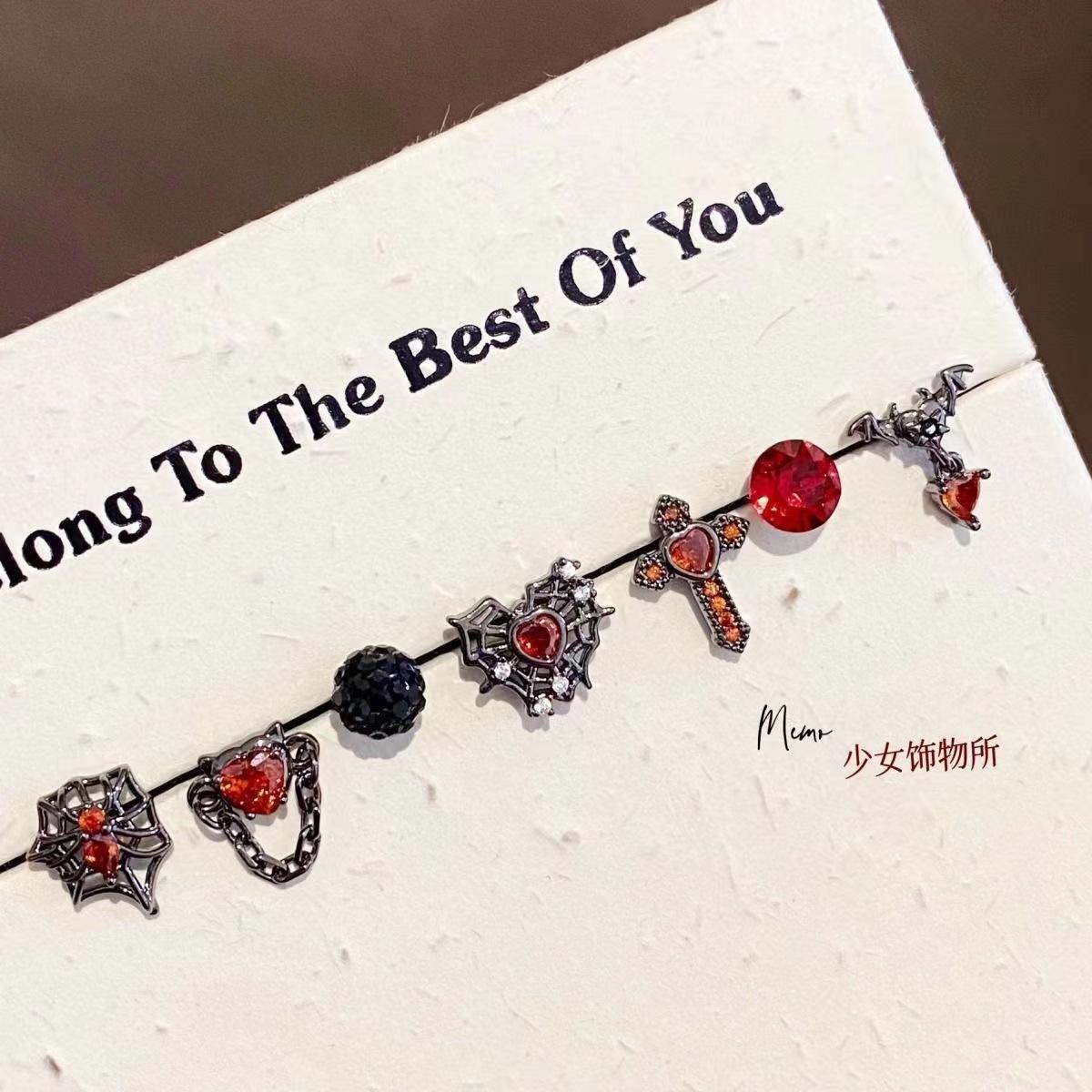 Dark Wind Red Love Demon Zircon Ear Bone Nail Cross Personality Cochlear Nail Earrings Ear Jewelry Seven-piece Set
