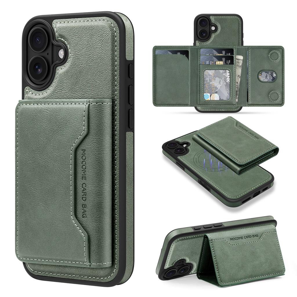 For iPhone 16 Plus Magnetic Case Leather Back Phone Cover with Detachable Card Bag