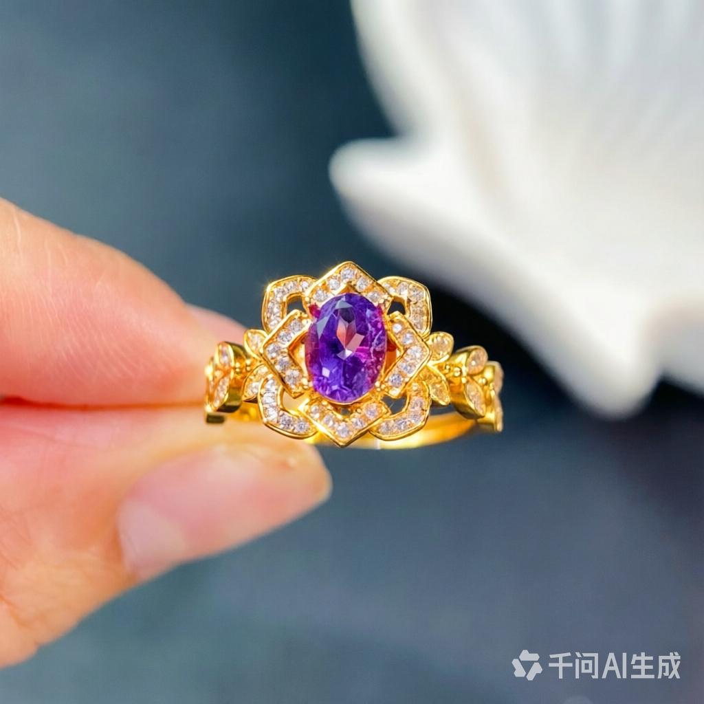 Pure CopperCrystal Ring 5x7mm 0.7ct Natural Amethyst Ring with Certificate 18K Gold Plated Amethyst Fine Jewelry