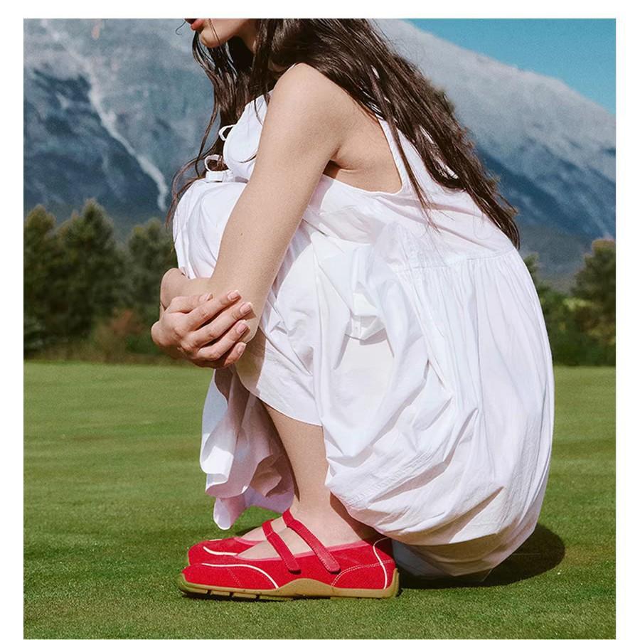 Leather red mesh light mouth double belt ballet shoes women's retro inner height increase versatile fashion Mary Jane shoes children