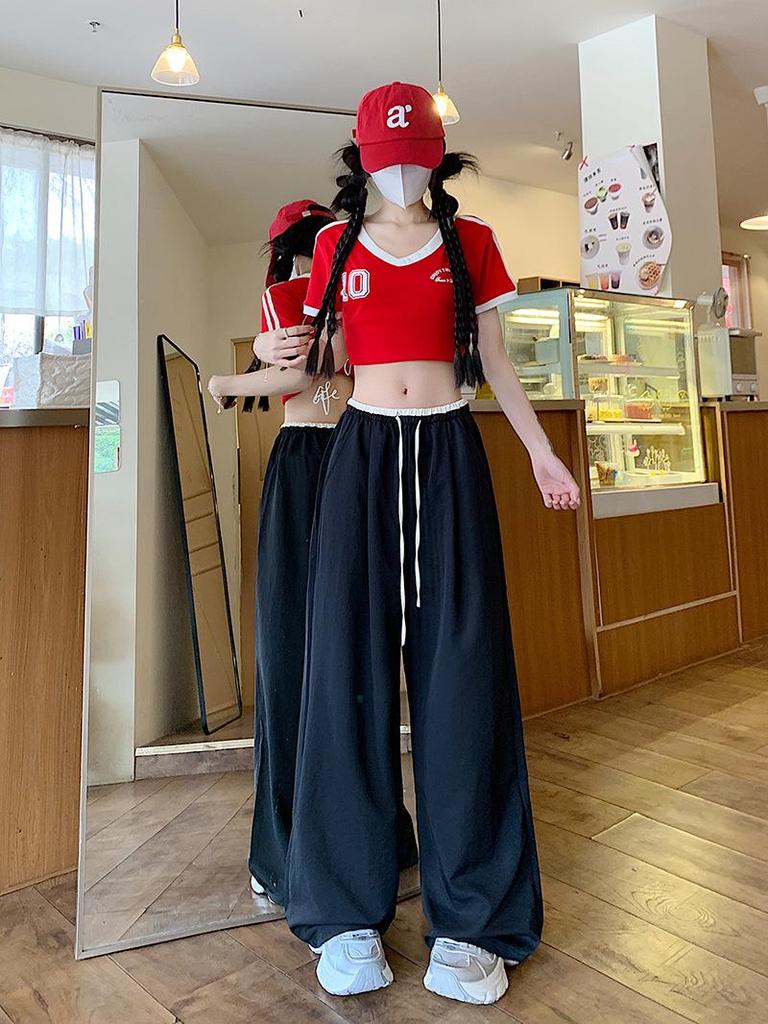 Korean Retro Colorblock Ice Silk Wide-Leg Summer Pants for Women