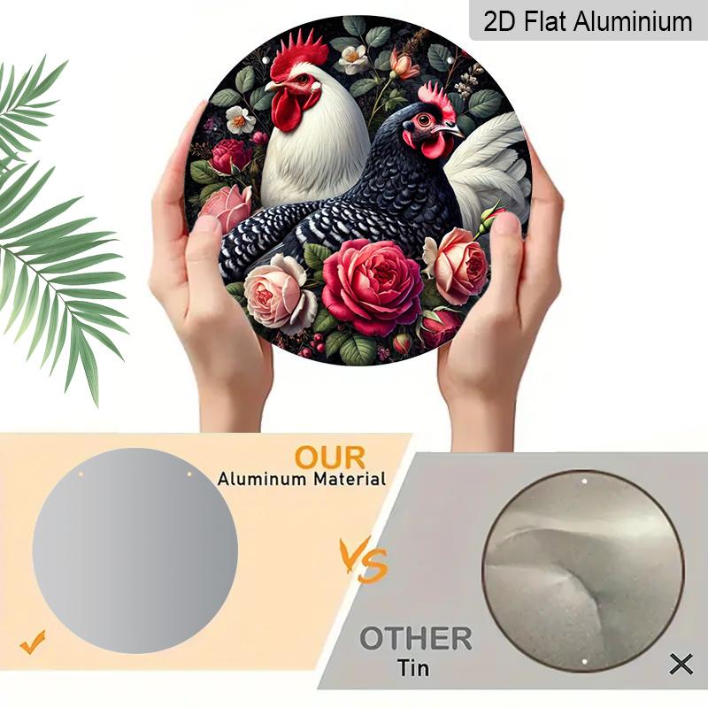 2D Flat 1pc, 8x8 In, Round Chicken Wreath Aluminum Metal Decorative Signs & Plaques - Vintage Farmhouse Wall Decor with Colorful Rooster & Floral