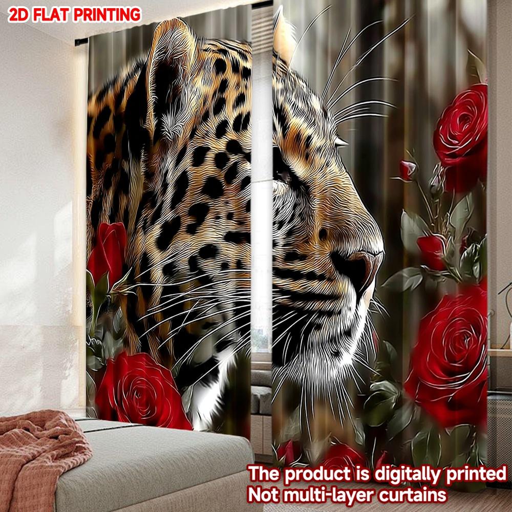 2D flat printing 2pcs Happy Valentine's Day Drapes Rose leopard pattern Digital Printed Polyester Drapes All Season Party &