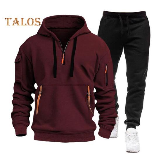 Set de 2 bucăți/set de pantaloni pentru bărbați, cu glugă, cu șnur, cu mânecă lungă, topuri sport, cu talie elastică, set de pantaloni lungi, trening largi de culoare solidă