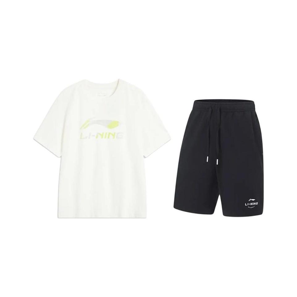 Li Ning Letter Print Simple Fashion Comfortable Versatile Round Neck Pullover Short Sleeve Mid Waist Shorts Casual Sports Suit AHSV161-1+AKST543-3