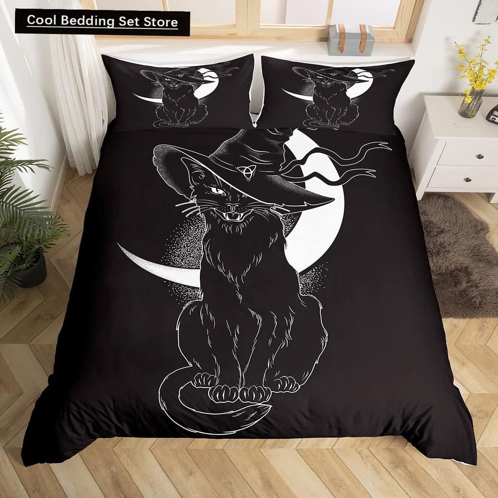 Halloween Gothic Schwarze Katze King Queen Bettbezug Glitzer Mond Bettwäsche Set Horror Gruselig Quilt Bezug Polyester Bettbezug