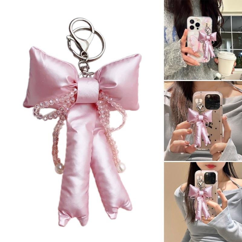 Elegant Beaded Keychain Phone Charm Unique Keyring Padded Bowknot Bag Pendant Accessory for Purse Backpack Handbag