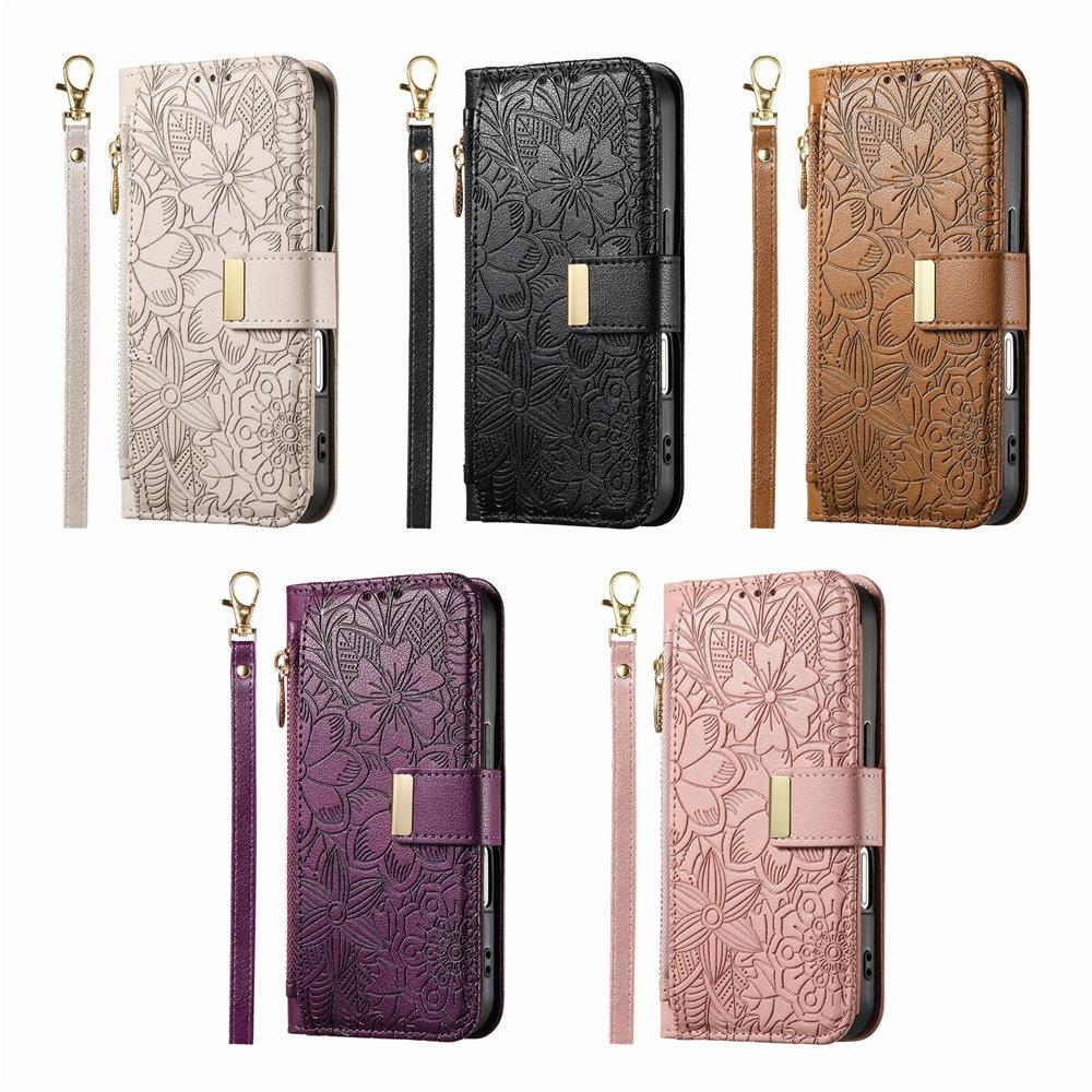 Phone Wallet Case with 6 Card Slots, Zip Coin Pocket, Stand for Hands-Free Viewing & Wrist Strap, Floral Design for OPPO VIVO Xiaomi Redmi Google