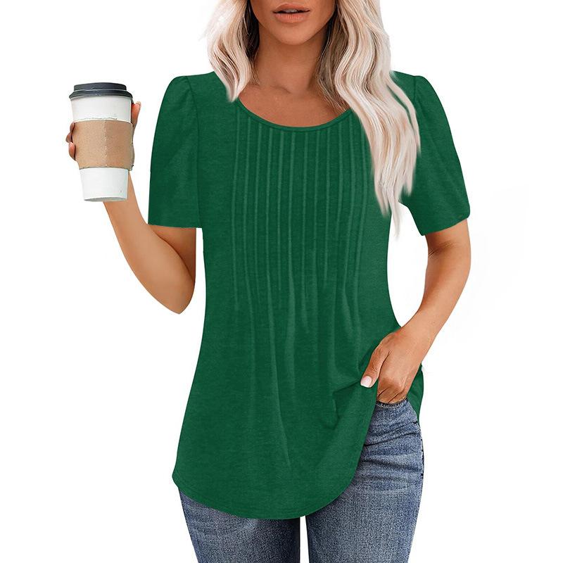 Neues plissee-Rundhals-Kurzarm-T-Shirt Damen-Oberteil Damenbekleidung