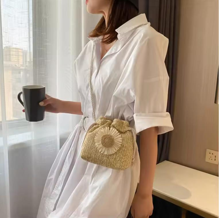 Women's Bag Summer Beach Straw Bags Classic Texture Sunflower Drawstring Woven Bucket Crossbody Shoulder Messenger