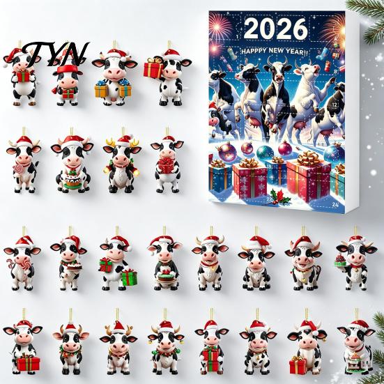 2026 Holiday Atmosphere Gift Set Christmas Cow Ornament Advent Calendar 2026, 24 Days 2D Acrylic Hanging Pendant Flat for Car Rearview Mirror