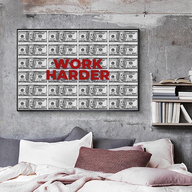Hart arbeiten Geld Kunst Motivationszitate Leinwandmalerei Moderne Poster Drucke Wandkunst Bilder für Büro Flur Heimdekor