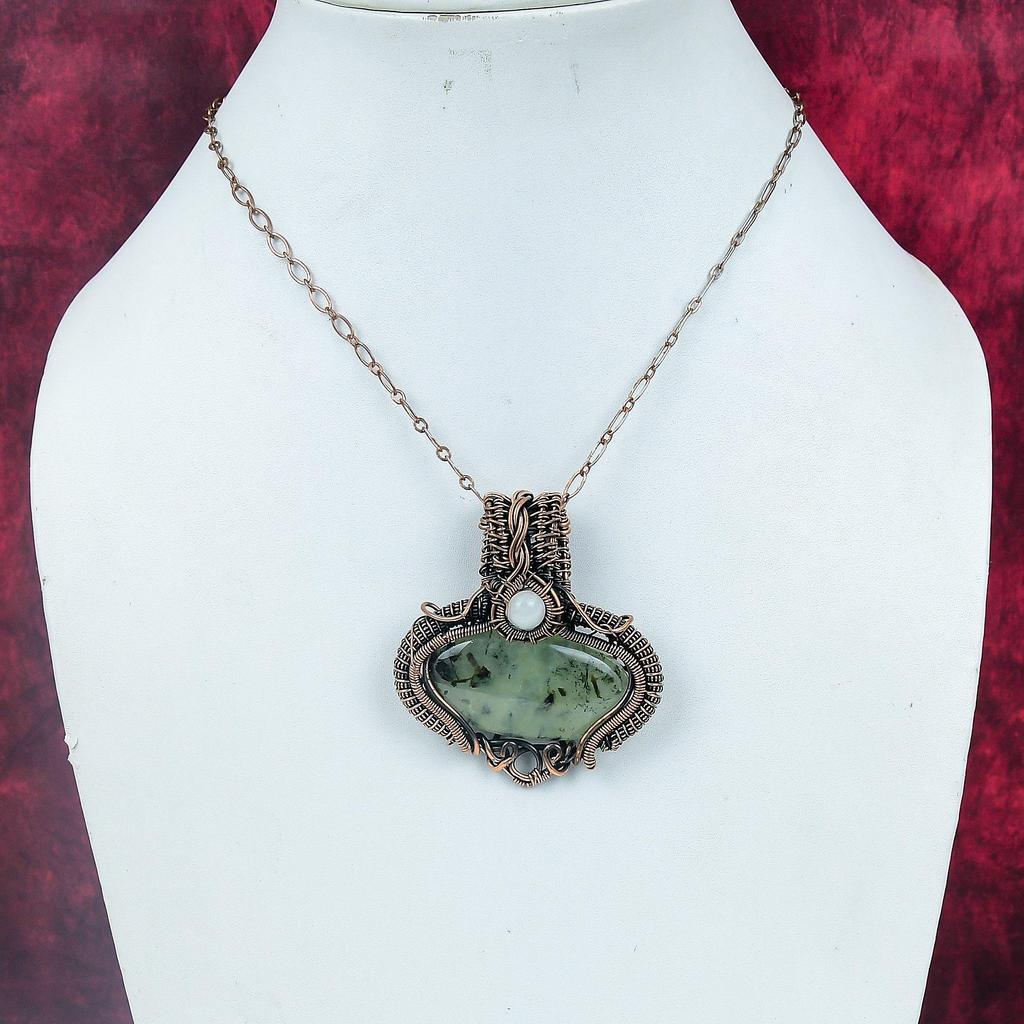 Moss Prehnite Pendant Copper Wire Wrapped Pendant Rainbow Moonstone Gemstone Jewelry