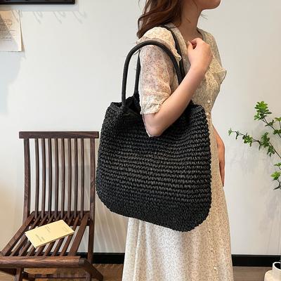 Women Straw Tote Handbag Large Capacity Vintage Shoulder Bag Solid Color Simple Weaving Handbag Ladies Summer Daily Bag