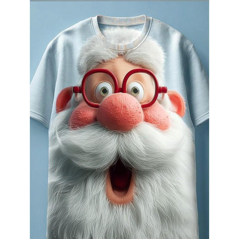 Womens Slim Fit Round Neck Short Sleeve T-Shirt With 3D Santa Claus Print Soft Cotton-Feel Fabric Casual Office Wear