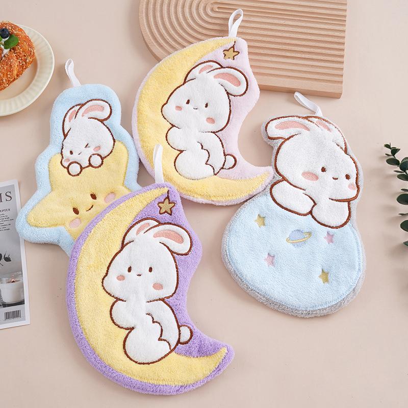 Cute Rabbit Pattern Hand Towel Soft Hanging Towels Absorbent Coral Fleece Towel Kitchen Bathroom Double-Thickness Hand Towel