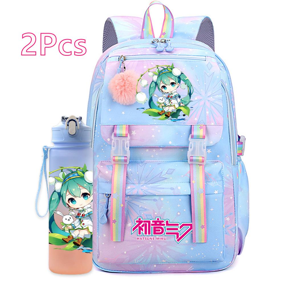 2 st/set Söt Hatsune Miku-tryckt Ryggsäck med 750 ml Vattenflaska för Tonårsflicka Pojke Skolväska Stor Kapacitet Vattentät Resväska Gåva