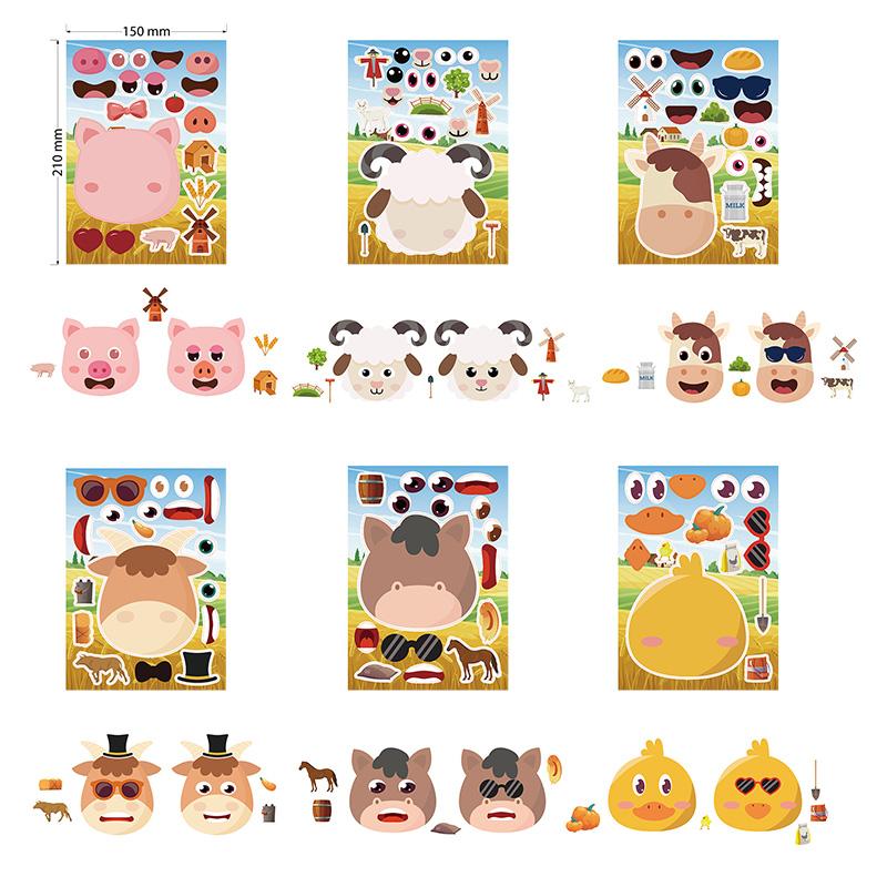6 Sheetsset Farm Animals Assembled Sticker Kids Diy Make Animal Facial Expression Stickers Creative Toys Gift