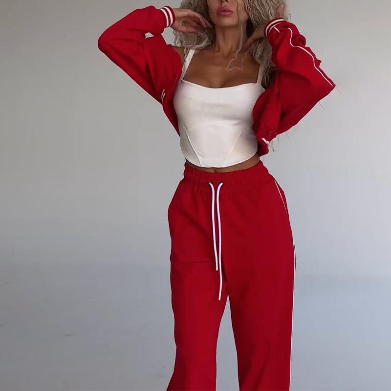 Cross-border women's clothing casual contrasting color short zipper cardigan trousers sports suit fashion jacket sweatpants suit