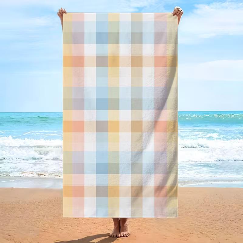 Cute Pink White Plaid Beach Towel Modern Minimalism Gingham Pattern Quick Dry Absorbent Sand-Free Towel for Beach Daily Use