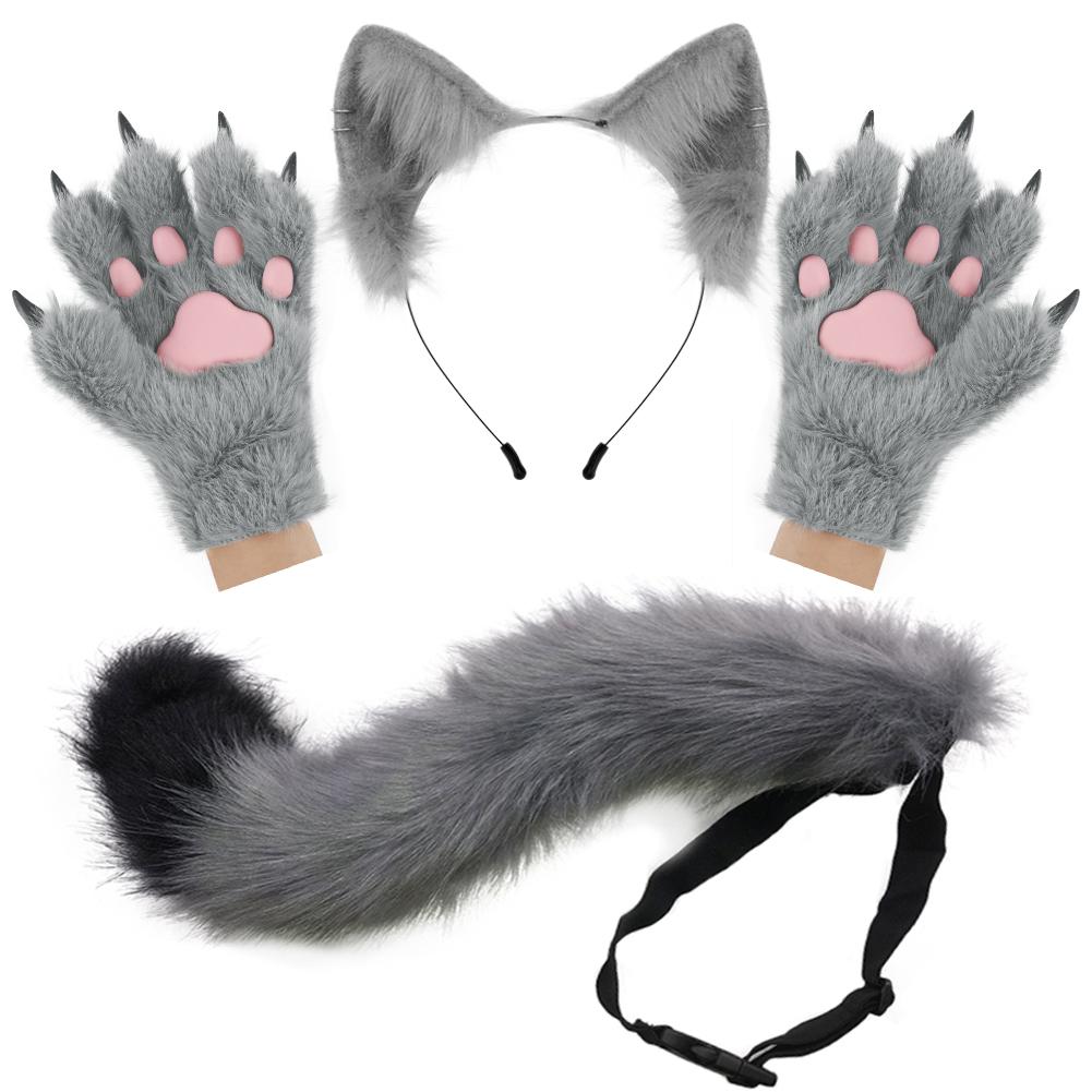 Fluffy Cat Ears Cat Long Tail Plus Cute Cat Paws Gloves Set Cosplay Costume Accessories Halloween Carnival Party Dress Up