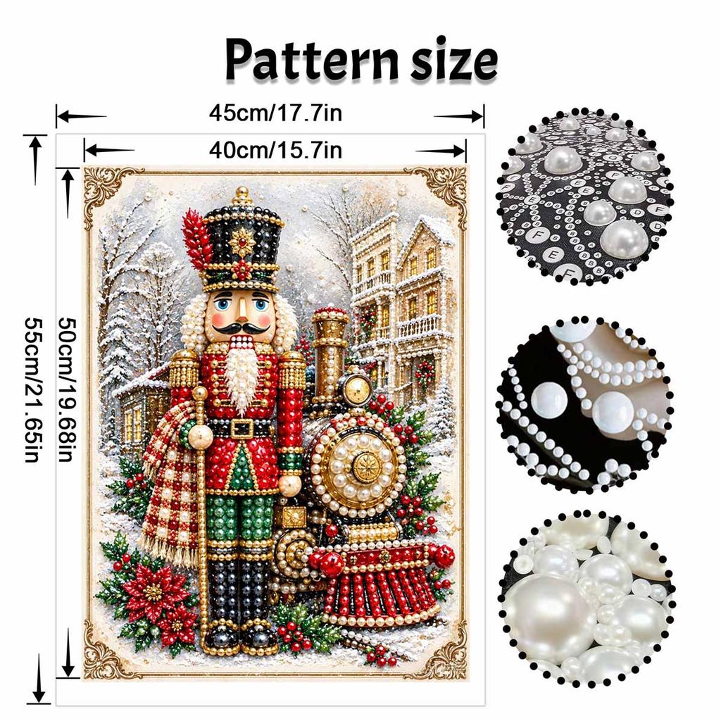 Christmas Nutcracker and Train Pearl Painting with Frame 3D Sparkling Canvas Art Relaxing Craft for Bedroom Wall Decor Holiday Gift