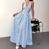 Women's Sleeveless Halter Maxi Dress V Neck Mid Waist Plaid Print A-Line Umbrella Skirt Sexy Fitted Long Dress For Summer Street Party Wear