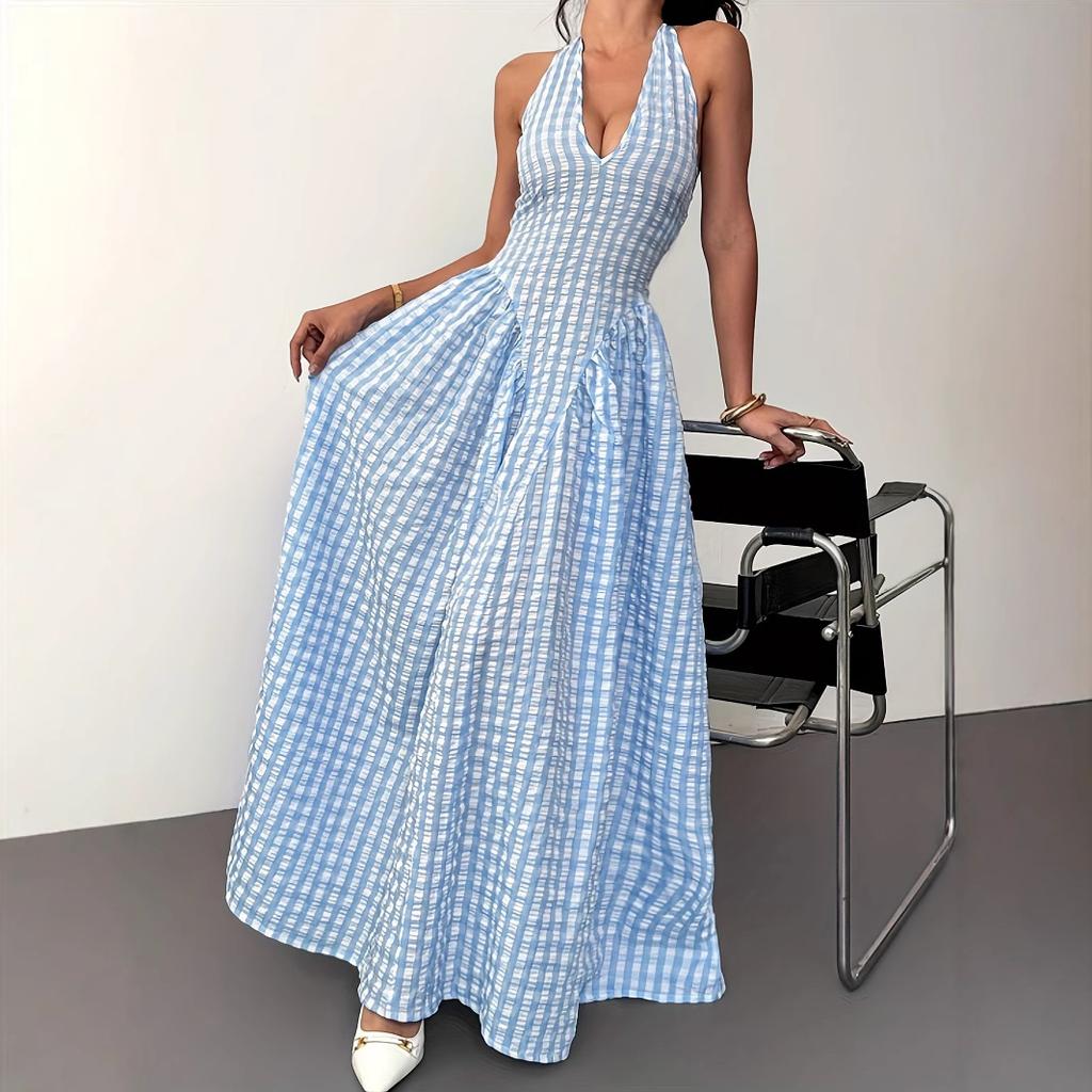 Women's Sleeveless Halter Maxi Dress V Neck Mid Waist Plaid Print A-Line Umbrella Skirt Sexy Fitted Long Dress For Summer Street Party Wear