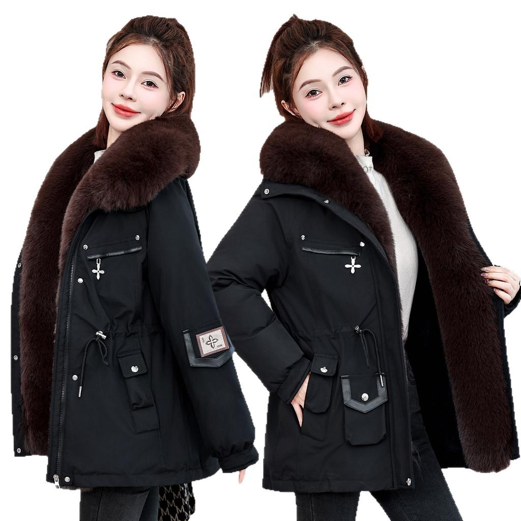 Short Parker cotton-padded coat women's big fur collar waist multi-pocket winter thickened warm jacket mixed batch