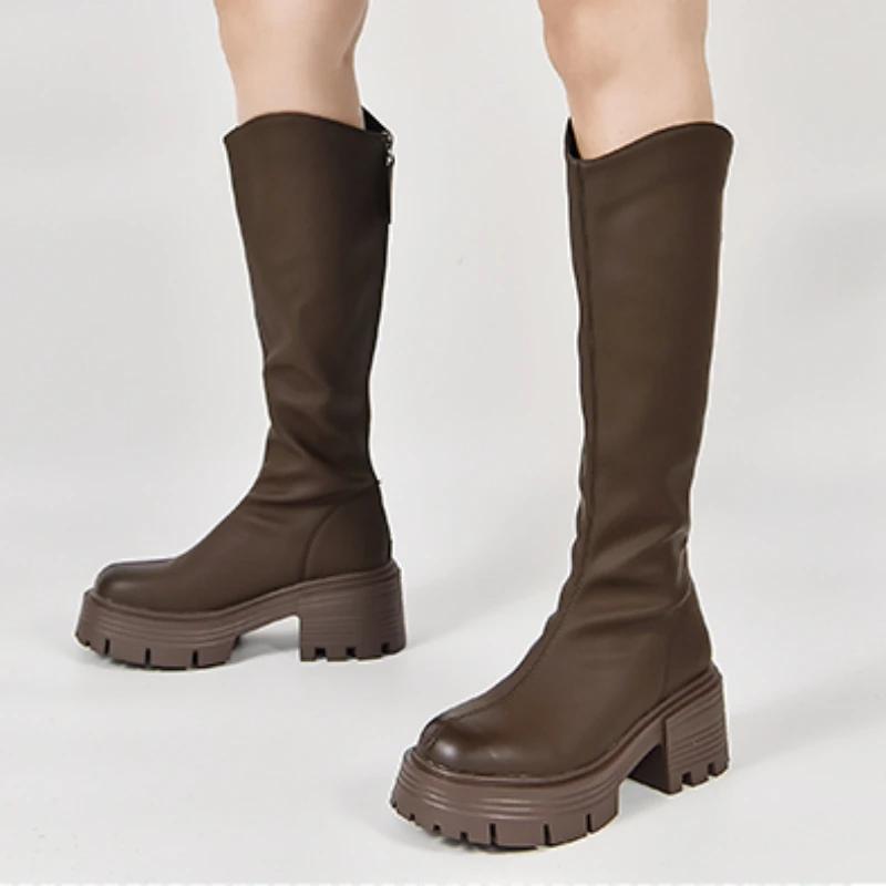 2024 Hot Sale Ladies Shoes Zipper Women's Boots Autumn Round Toe Solid Knee-High Platform Mid Heel Water Proof Fashion Boots