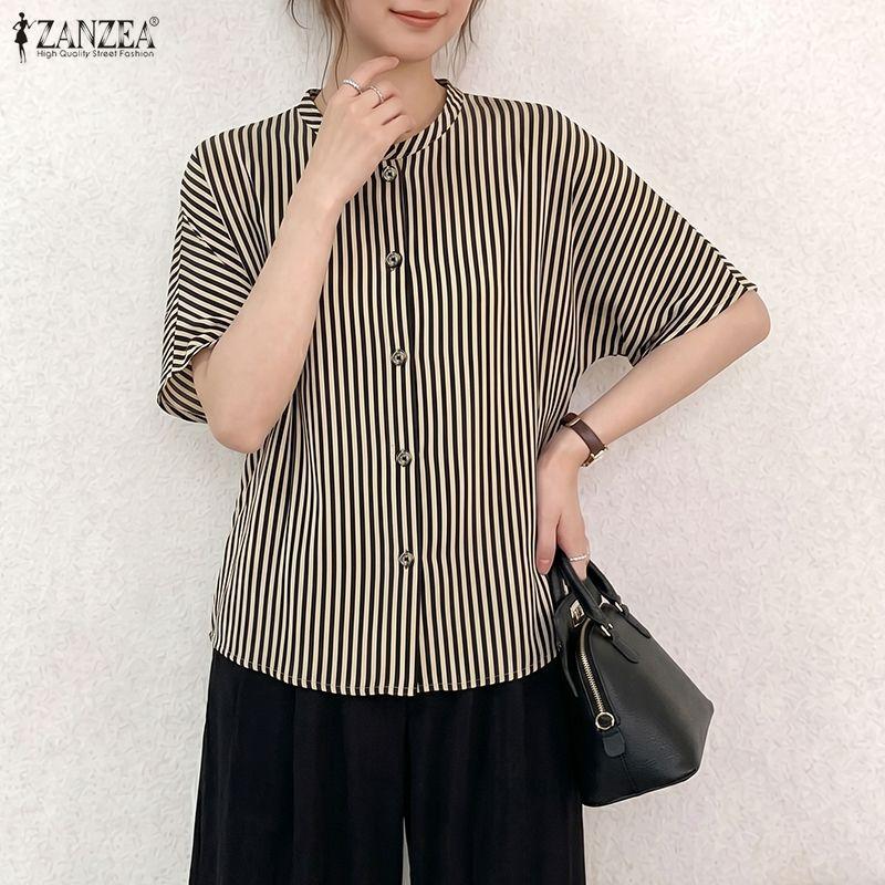 ZANZEA Women Casual Round Neck Stripe Print Loose Half Sleeve Blouse