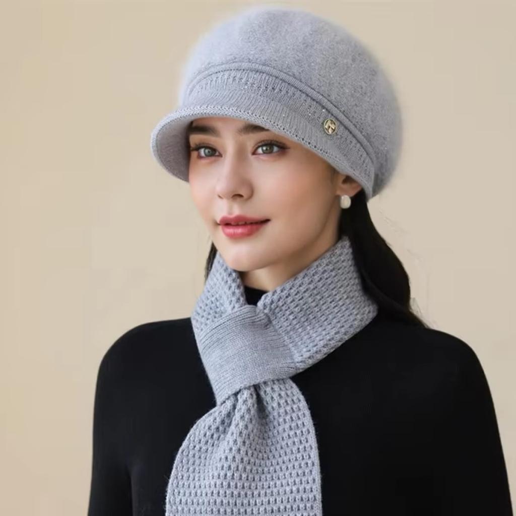 New Women Fashion Winter Warm Set K Letter Plush Fur Lined Warm Hats For Women Casual Rabbit Fur Blend Outdoor Dandy Knitted Cap