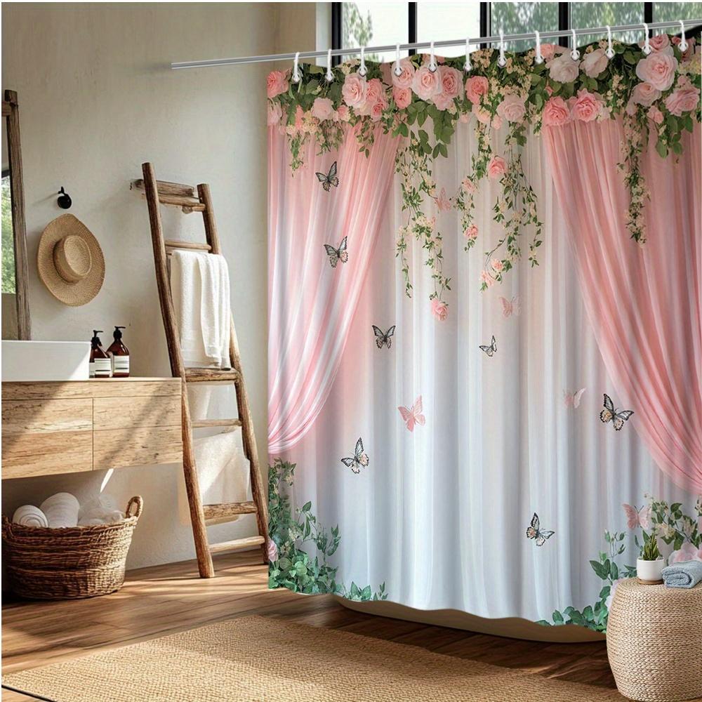 Romantic Floral Shower Curtain – Pink & White Drapes, Cascading Roses, Butterflies, Soft Ethereal Design, 70.8X70.8In, Includes