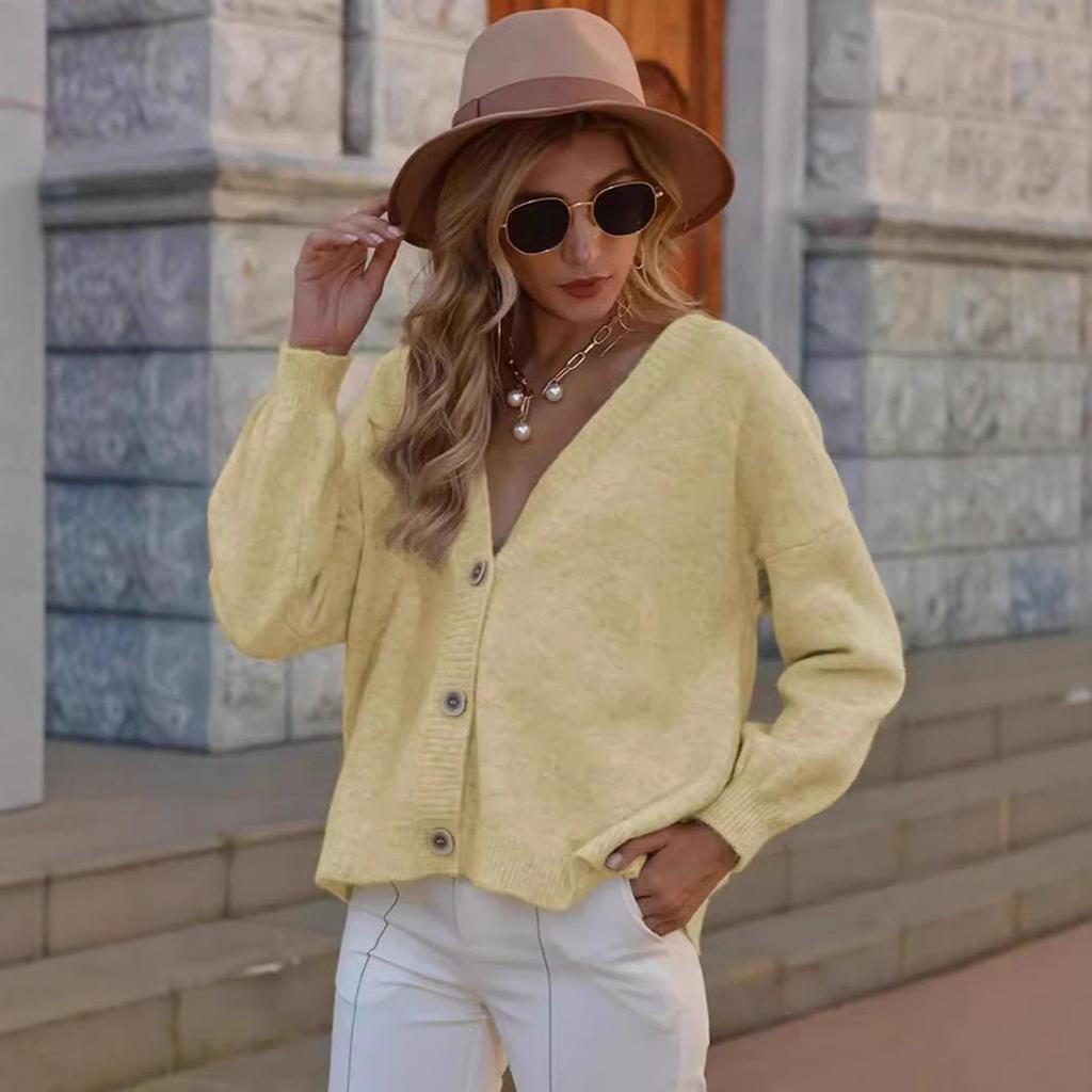 Neuer lässiger Strick-Cardigan mit V-Ausschnitt - Einfarbiges Damen-Oberteil für Herbst/Winter