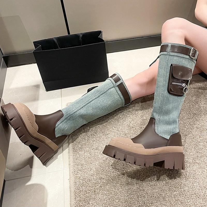 

Y2K джинсовые сапоги средней длины для женщин 2024 года, осенние ретро-сапоги на толстой платформе, длинные женские сапоги без застежек на толстом каблуке, карго-сапоги с карманным декором 35 синий