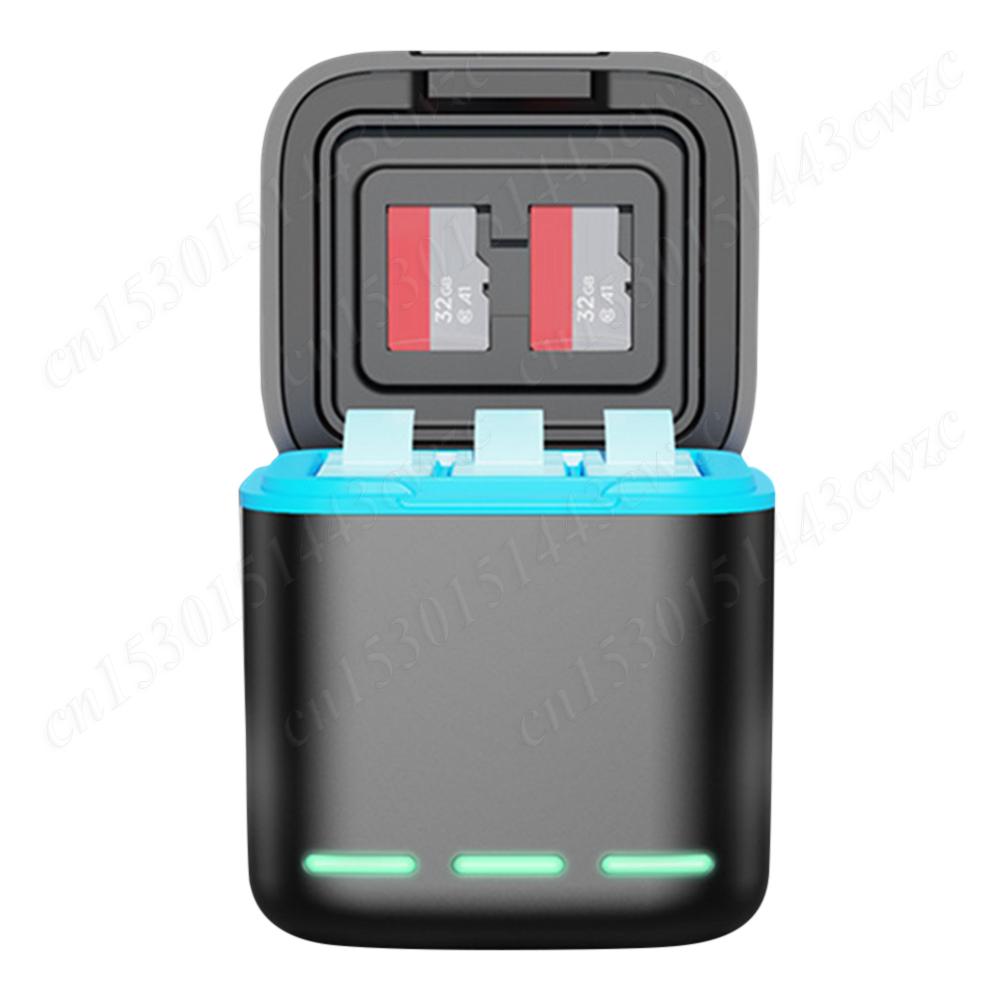 3-Channel Battery Charger with Type C Cable Storage Charging Box 2 SD Slot Batteries Storage Case for GoPro Go Pro Hero 8 7 6 5