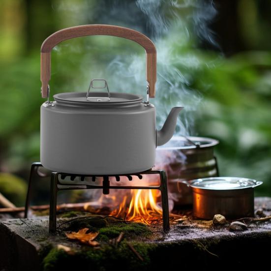 1.2L Aluminum Alloy Camping Kettle with Anti-Scalding Wooden Handle Portable Lightweight Outdoor Traveling Hiking Picnic Coffee Pot Tea Kettle